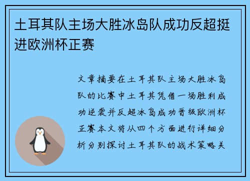 土耳其队主场大胜冰岛队成功反超挺进欧洲杯正赛