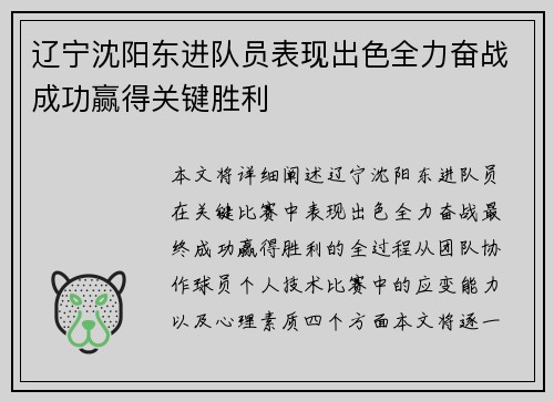 辽宁沈阳东进队员表现出色全力奋战成功赢得关键胜利