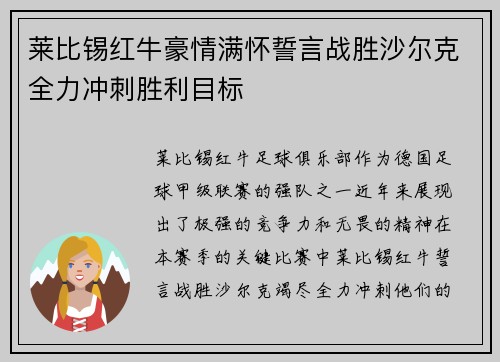 莱比锡红牛豪情满怀誓言战胜沙尔克全力冲刺胜利目标 莱比锡红牛豪情满怀誓言战胜沙尔克全力冲刺胜利目标